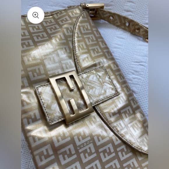 Fendi Baguette Double Flap Bag Zucca FF Canvas Coated Gold Authentic Vintage - Picture 2 of 11